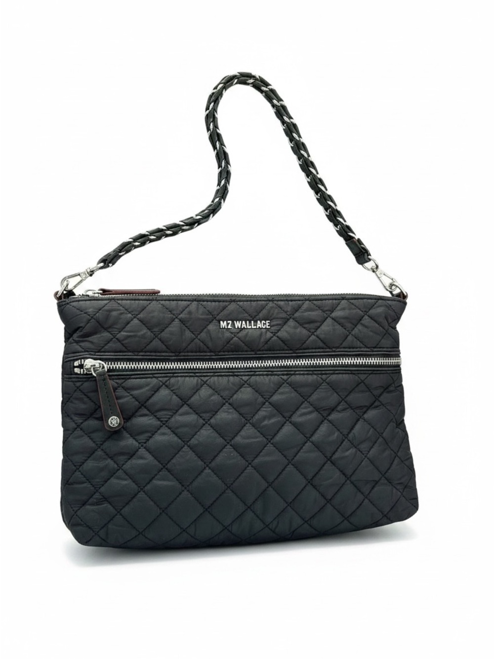 MZ Wallace Crosby Shoulder Bag Purse Chain Leather Strap Nylon Quilted Black